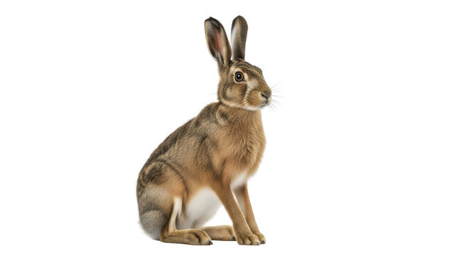 Brown European Hare Sitting with Alert Expression isolated PNG with Transparent Background
