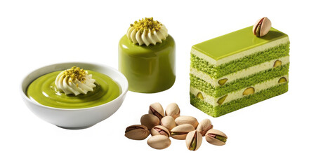Delicious green tea desserts and pistachios on transparent background with creamy textures