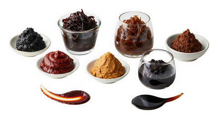Various natural henna and herbal hair dye powders and liquids on white isolated on transparent background