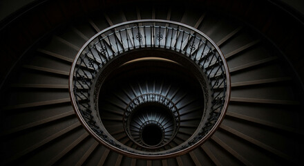 Circular Staircase: An overhead perspective captures the mesmerizing essence of a spiral staircase, its circular design drawing the eye downward.