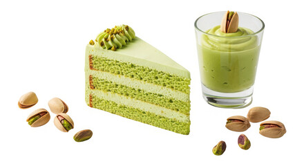 A slice of matcha green tea cake with a glass of matcha and pistachios on a transparent background