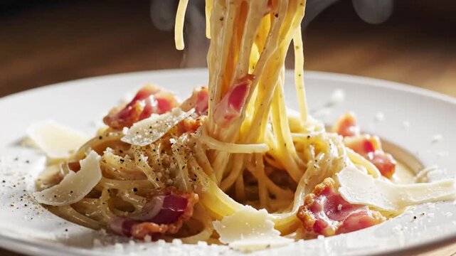 Delicious steaming plate of Italian spaghetti pasta topped with cheese and crispy bacon slices with steam rising in a cozy setting