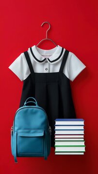 Children's school uniform and backpack display with books against a vibrant red background