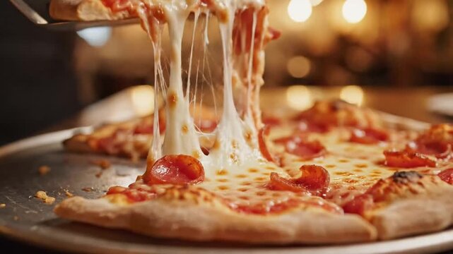 Delicious Melty Cheese Pizza with Toppings Being Pulled and Served Hot Fresh Out of the Oven