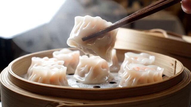 Artisan dumplings being skillfully prepared and steamed in bamboo basket for authentic cuisine experience