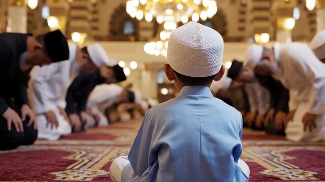 Rear View of Cute Boy with Oversized Kopiah Sitting on Mosque Carpet Watching Prayer - AI Generated