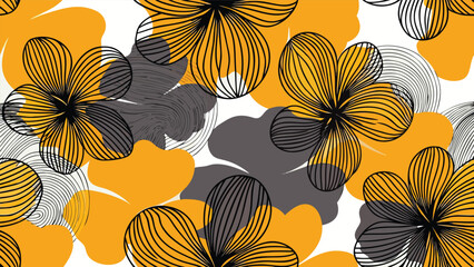 Magnolia petal pattern creates a bold yellow graphic with intricate black line art generating a modern and energetic floral design on a white