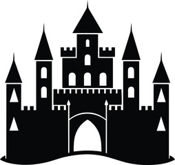 Fototapeta premium Majestic fairytale castle silhouette featuring multiple turrets, battlements, and an arched entrance