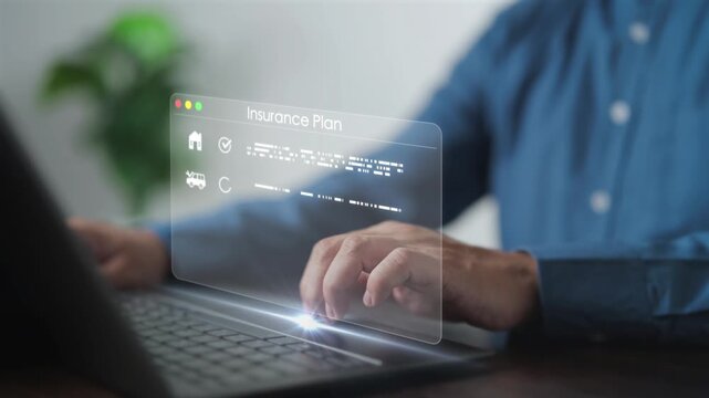 User selecting insurance plan on laptop with virtual interface. Person choosing life, car, and home coverage online for financial protection, future security, and risk management solutions.