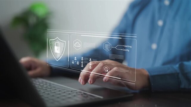 IT specialist securing enterprise network data using firewall protection and cloud interface on laptop. Professional developer managing digital cybersecurity system and server configuration settings.