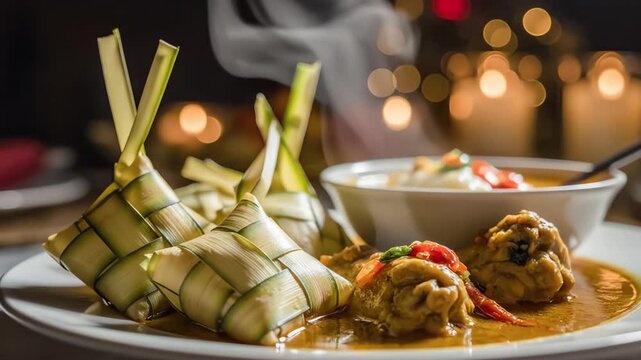 Steaming Traditional Indonesian Ketupat Rice Cake with Chicken Curry Macro Shot - AI Generated