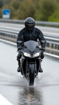 Motorcyclist riding through rainy highway creating splashes in dynamic journey