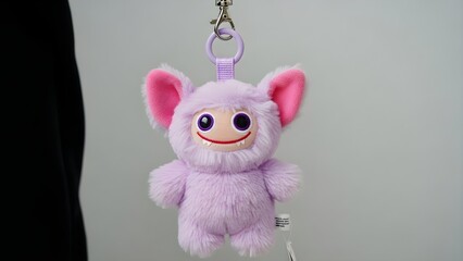 A charming fluffy lavender colored monster plush keychain hangs against a neutral backdrop