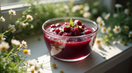 Fresh Cranberry Sauce in a Glass Bowl with Chamomile Flowers.