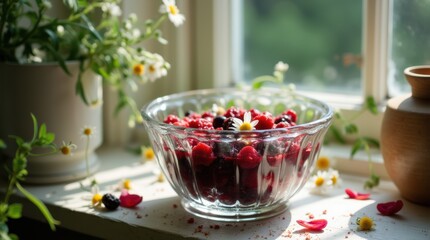 Freshly picked berries in a glass bowl on a sunlit windowsill with plants.