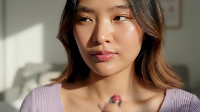 A young woman with glowing skin applies creamy pink lip gloss in bright natural sunlight, creating a dewy and radiant look.