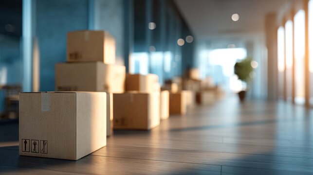 Packed boxes line a sleek office corridor, waiting to be moved or shipped. Sunlight illuminates the packages on the polished floor of the modern business environment