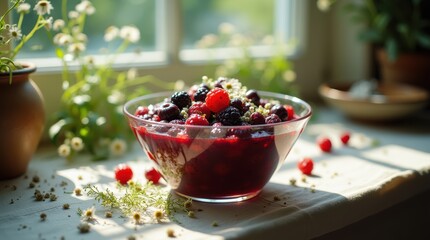Fresh Berry Medley in a Glass Bowl on a Sunny Windowsill.
