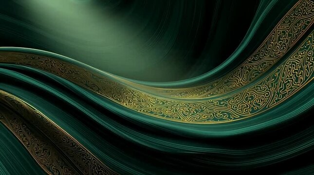 A close-up view of flowing green fabric with intricate gold patterns.