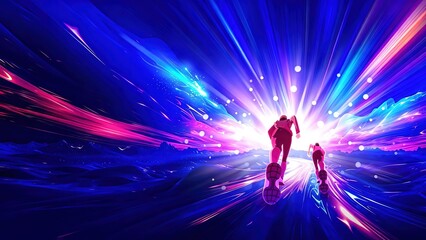 Futuristic Abstract Night Scene, Silhouettes Running on Horizon with Neon Glow and Starry Sky Background