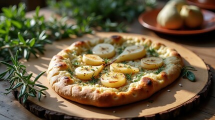 Gourmet Pear and Pesto Flatbread on a Rustic Wooden Board with Fresh Herbs.