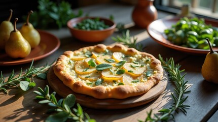 Delicious Pear and Rosemary Tart on a Rustic Wooden Table.