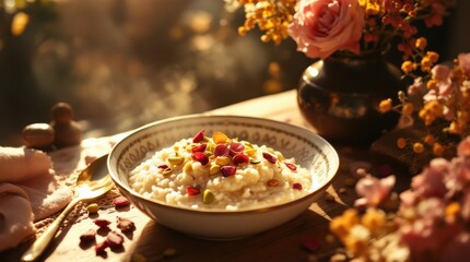 Warm Oatmeal Bowl with Dried Fruits and Nuts on a Rustic Table.
