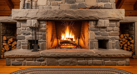 Cozy Fireplace Embrace: A warm, inviting fireplace with a crackling fire and stone accents creates a comforting ambiance, perfect for a relaxing evening at home.