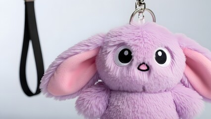 A close up view of a fluffy lavender bunny keychain with pink inner ears and large eyes