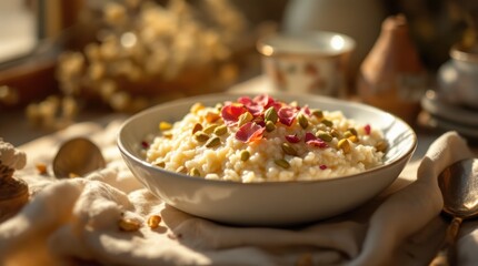 Delicious and healthy oatmeal breakfast bowl topped with fresh pistachios and pomegranate seeds, perfect for a nutritious start to the day.