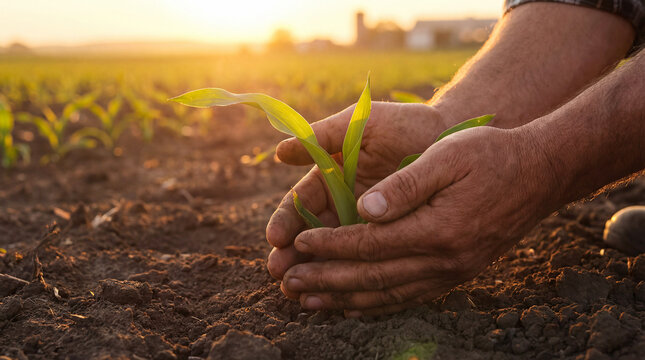 A farmer gently cradles a sprouting seedling in his hands. Symbolizing growth and care, with a bright background.