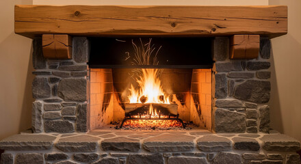 Warm Hearth: A cozy fireplace in a stone setting, with a roaring fire and inviting ambiance.