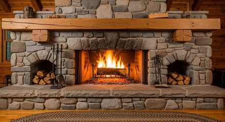 Cozy Fireplace and Ambiance: The warm glow of a roaring fireplace, with rustic stone and a natural wooden mantel, invites a sense of comfort and home