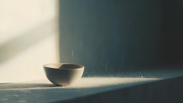 Simple ceramic bowl creating a tranquil scene with natural light and shadow patterns across a muted wall and textured surface, evoking a sense of calm and peaceful interior design