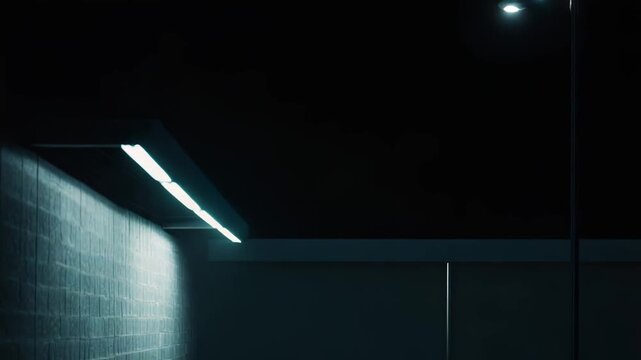 Empty urban space featuring a long brick wall illuminated by a single fluorescent light fixture above, creating a stark, moody atmosphere with deep shadows and industrial textures