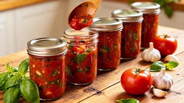 Medium shot of rich herbflecked marinara sauce being spooned into glass jars lids carefully sealed highlighting homemade preparation and fresh aromatic ingredients.