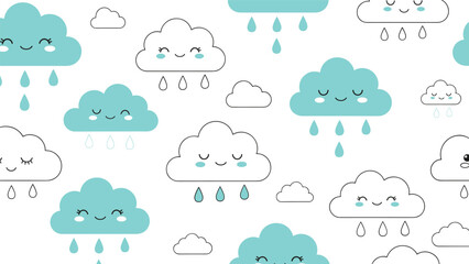 Obraz premium Cheerful pattern of smiling white and turquoise clouds with raindrops on a plain white background for kids and nursery themes.