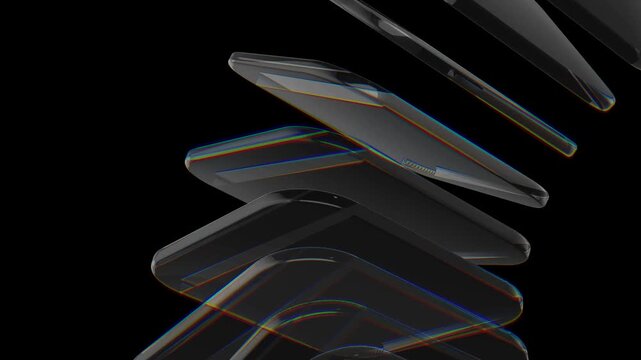 Abstract holographic glass elements with clean design and light dispersion on black background. Loop animation