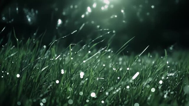 Fresh green grass blades studded with sparkling dew drops glisten in morning light, creating a vibrant, close up nature scene with soft bokeh and serene freshness