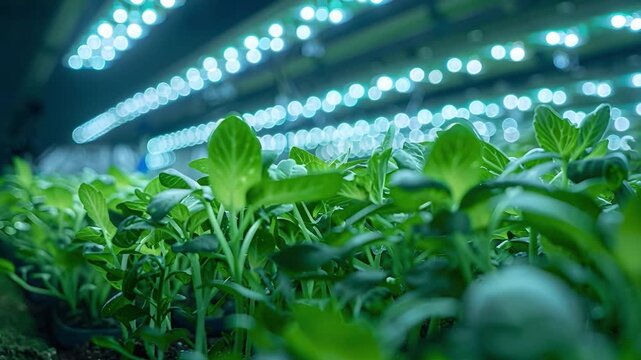 Small green plants grow in rows under bright lights in a greenhouse. Modern technologies are used to stimulate growth in these conditions. Growing plants under bright lights in a greenhouse