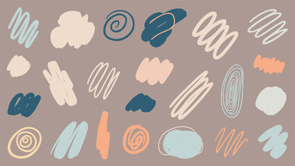 Fototapeta premium Diverse collection of abstract scribbles, swirls, and organic shapes in a muted color palette for creative graphic design.