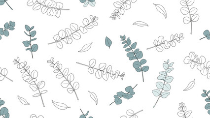 Obraz premium Minimalist eucalyptus branches and individual leaves in soft grey and blue tones form a fresh and calm botanical seamless pattern.