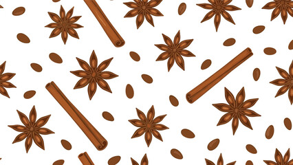 Fragrant star anise, cinnamon sticks, and coffee beans create a warm and aromatic spice seamless pattern for culinary designs.