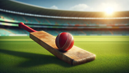 Cricket ball on top of old wooden cricket bat on green grass of cricket stadium ground background