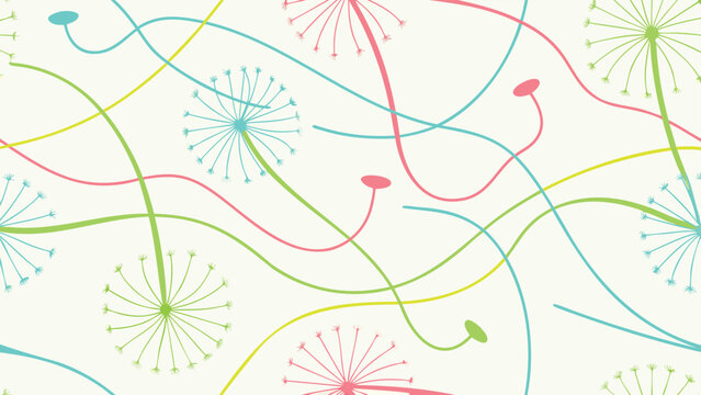 Vibrant floral pattern with colorful dandelion flowers and swirling lines
