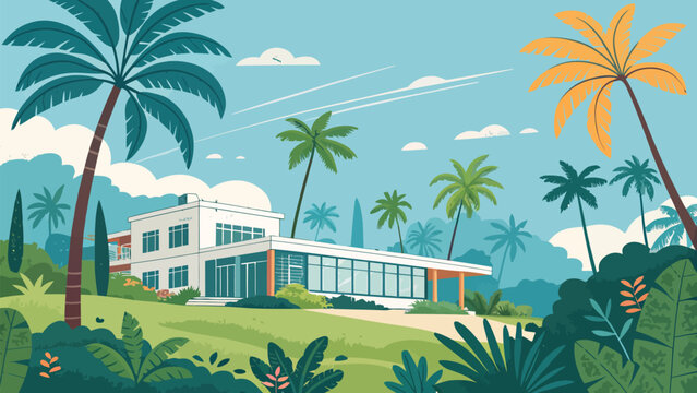 Flat Vector Illustration of a Tropical Building Surrounded by Lush Palm Trees