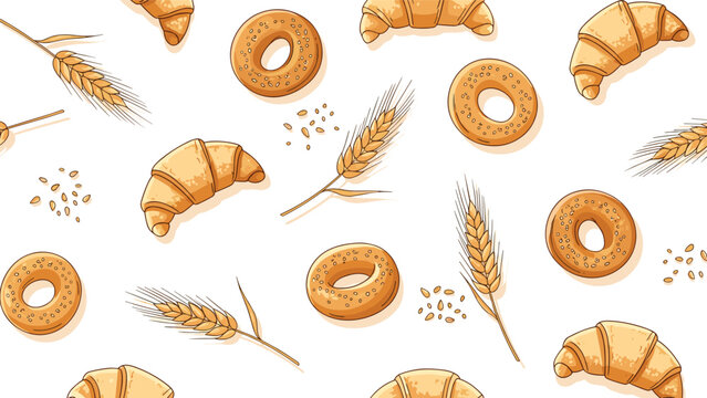 Golden croissants, fresh bagels, and wheat stalks form a delicious and warm bakery seamless pattern for cafe or kitchen decor.