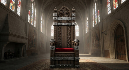 Majestic Throne in Gothic Hall: An imposing, ornately carved throne sits centrally within a grand gothic hall, illuminated by the light streaming through stained-glass windows.