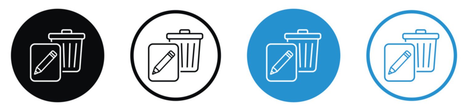 Document management icons featuring a pencil on paper and a trash bin. Linear style in black and blue circles. Represents editing, deleting, modifying, and removing digital files or notes.
