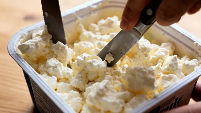 Medium view of cottage cheese curds gently stirred and cut with knives in an open container emphasizing the fresh crumbly curd formation.